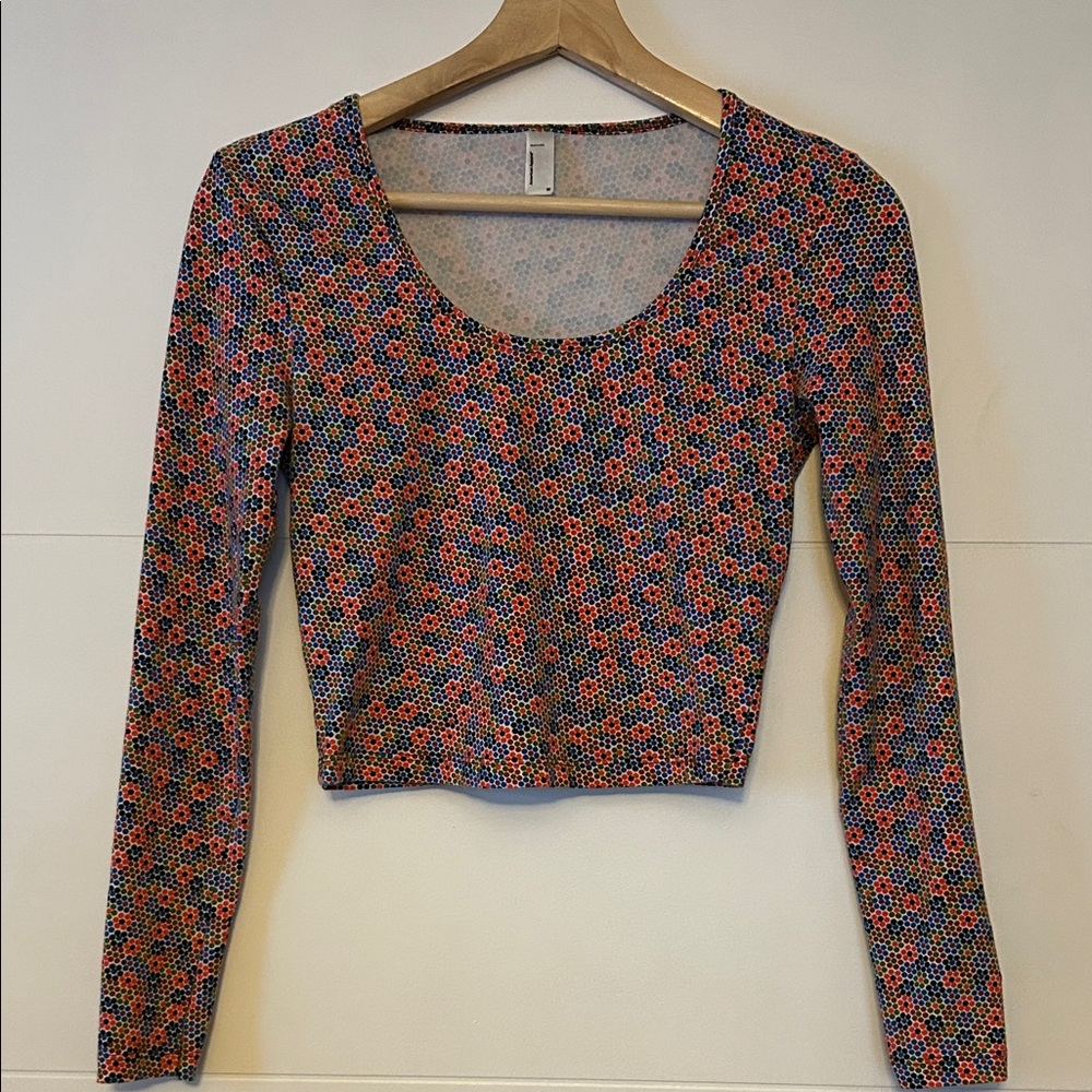 American Apparel Pink and Blue Patterned Long Sleeve Crop Top